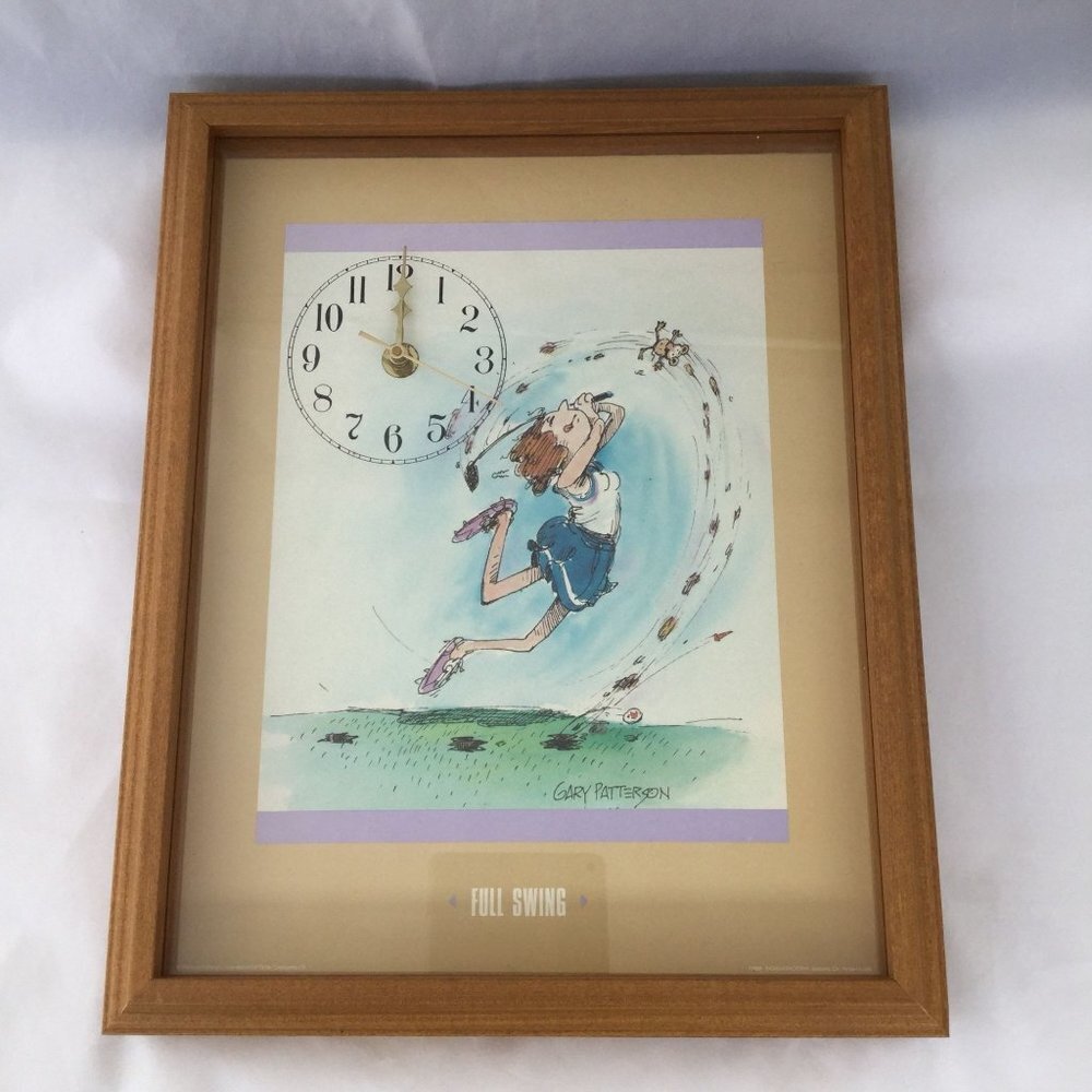 80s funny Gary Patterson print in wood framed clock Full Swing animated lady gol